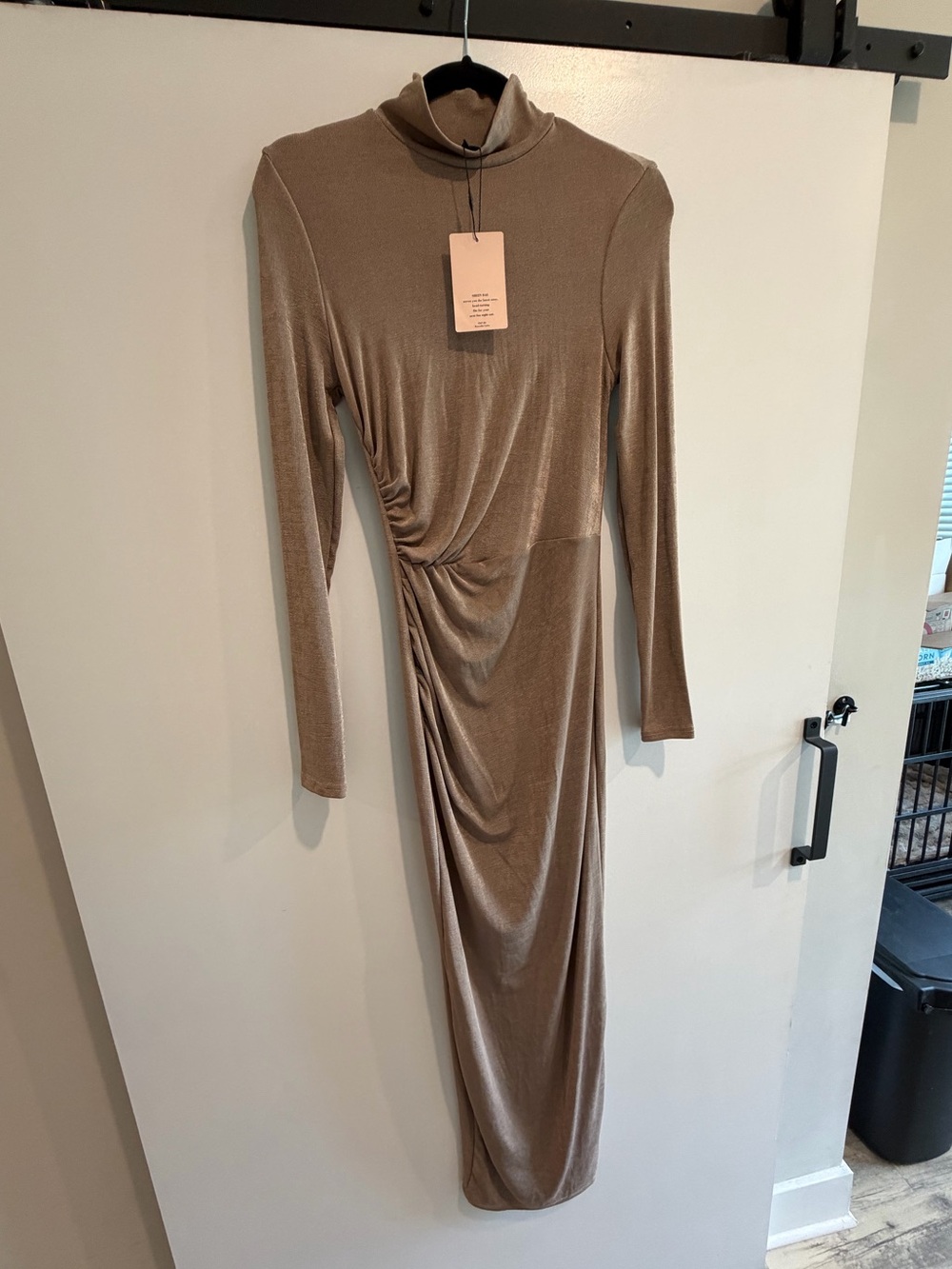 Bodycon Long Sleeve Taupe Ruched Maxi Dress NWOT